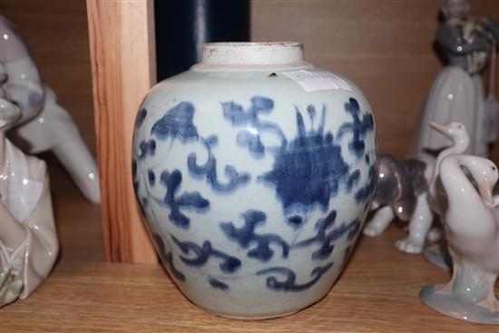 A 17th century Chinese blue and white ovoid jar, unglazed base height 17.5cm, lacking cover